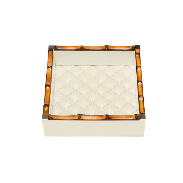 Square Leather Tray 'Bice Diamonds' with Bamboo Trim in Ivory, Small by Riviere