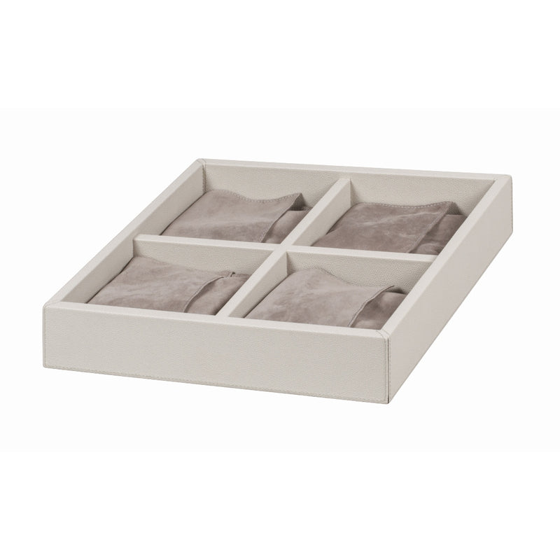 Interior of Giobagnara Quadruple Game Box showing organized compartments with suede lining and storage for playing pieces.