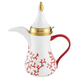 A white porcelain Arabic coffee pot with red coral patterns and gold accents Cristobal Rouge by Raynaud