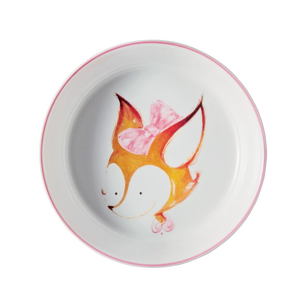 Raynaud baby plate deep with rim no 1 les petits parisiens fox illustration surrounded by a pink rim.