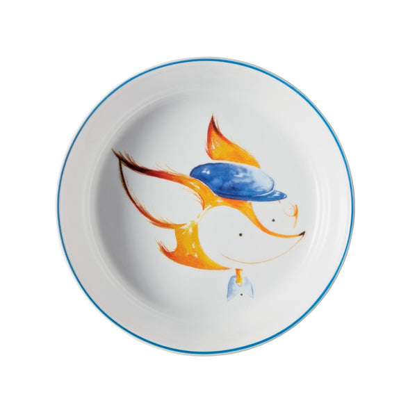 A multicolored porcelain raynaud baby plate deep with rim no 2 les petits parisiens fox with blue cap on a white background with a blue rim.