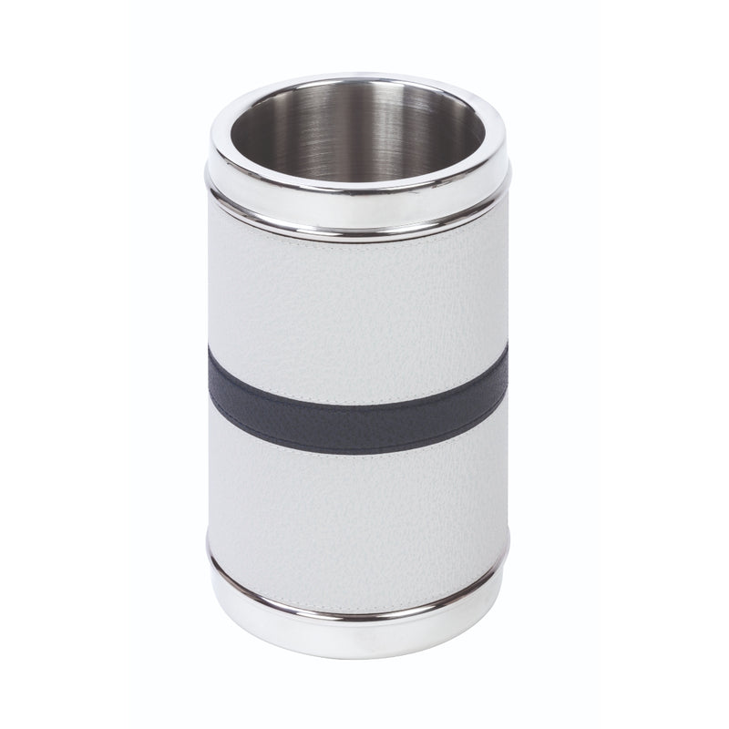 A partially leather-covered chrome-plated bottle cooler with a black band around the middle.
