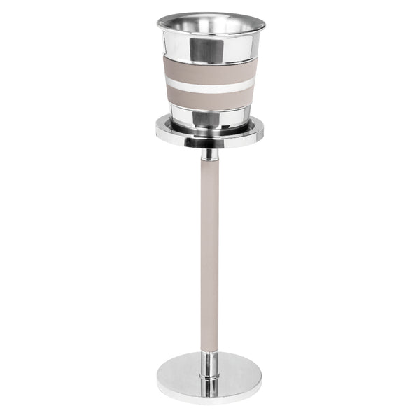 An insulated polished steel champagne bucket with a leather insert, accompanied by a stainless steel stand with a heavy solid base and leather-covered central column.