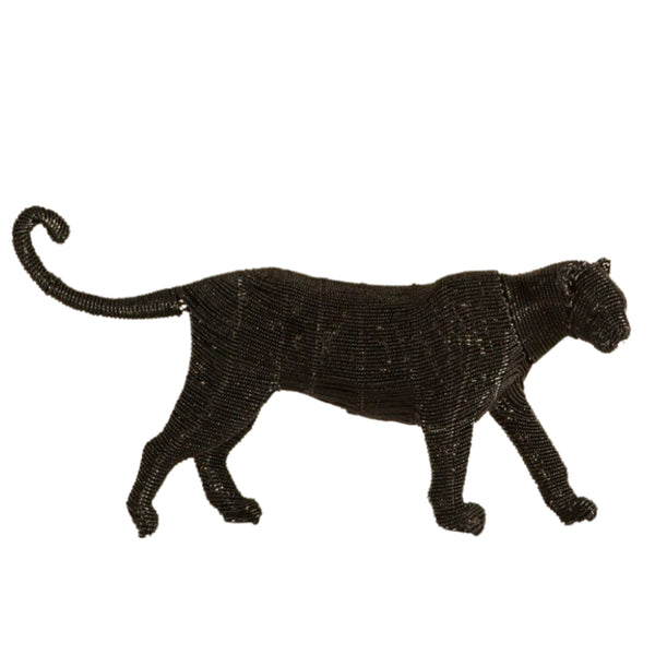 A handmade sculpture of a black cheetah made with traditional wire and glass beads.