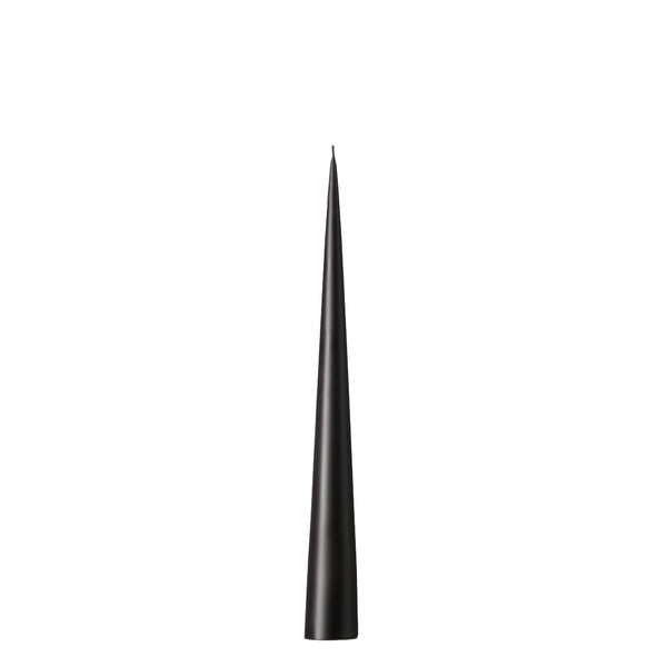 A black matte finish self-standing cone candle on a white background.