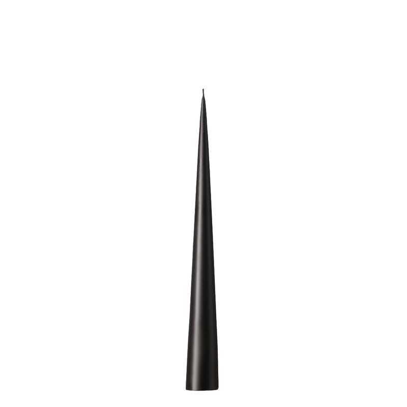 A black matte finish self-standing cone candle on a white background.