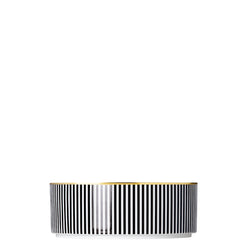 A porcelain large cylindrical bowl from my china ca d oro collection with black and white vertical stripes and gold rim by sieger furstenberg