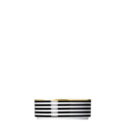 A porcelain medium cylindrical bowl from my china ca d oro collection with black and white horizontal stripes and gold rim by sieger furstenberg