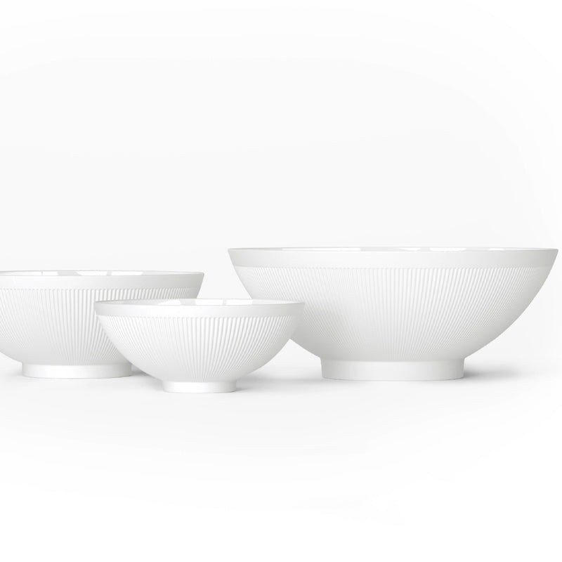 3 sizes Stella Satin White velvety matte porcelain bowls by SIEGER by FÜRSTENBERG, on a white background
