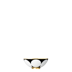 A porcelain, gold-finished coupe-shaped bowl with a geometric pattern from my china ca d oro collection on a white background.