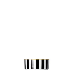 A porcelain small cylindrical bowl from my china ca d oro collection with black and white vertical stripes and gold rim by sieger furstenberg