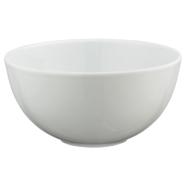A white porcelain bowl with a simple and elegant design, featuring a smooth interior and a slight indentation in the center.