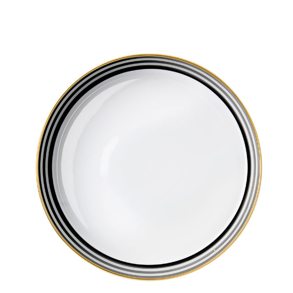 Inside of the porcelain extra large cylindrical bowl from my china ca d oro collection with bold black and white horizontal stripes and gold rim by sieger furstenberg