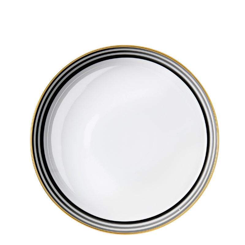 Inside of the porcelain extra large cylindrical bowl from my china ca d oro collection with bold black and white horizontal stripes and gold rim by sieger furstenberg