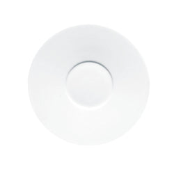 A white, round porcelain bread plate with a wide rim.