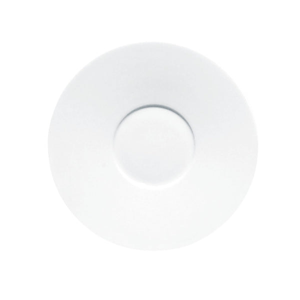 A white, round porcelain bread plate with a wide rim.