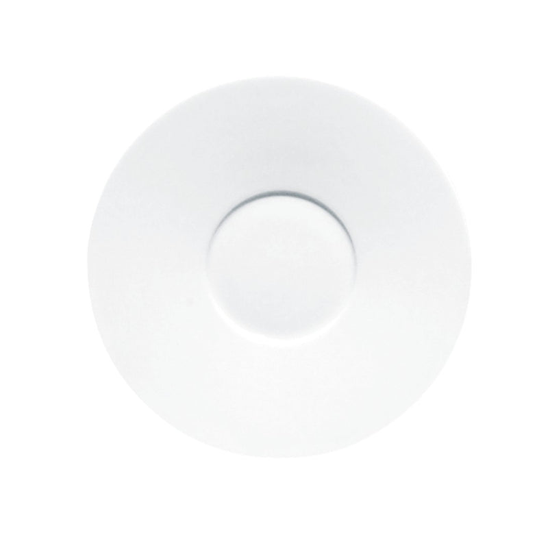 A white, round porcelain bread plate with a wide rim.
