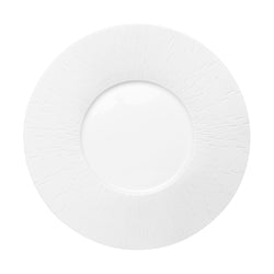 A white porcelain bread and butter plate with a subtle pattern around the rim.