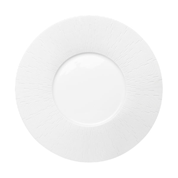 A white porcelain bread and butter plate with a subtle pattern around the rim.
