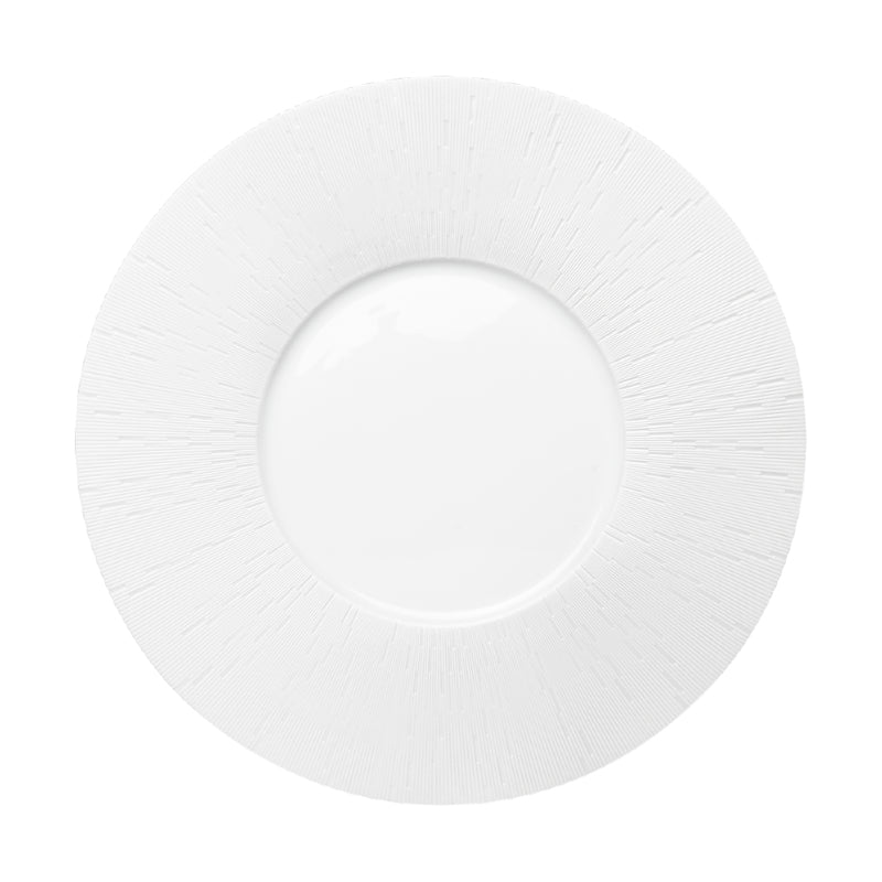 A white porcelain bread and butter plate with a subtle pattern around the rim.