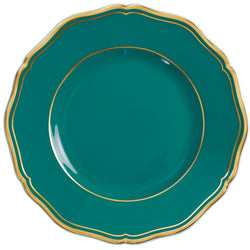 A round, turquoise and gold porcelain bread and butter plate with scalloped edges and gilded contour.
