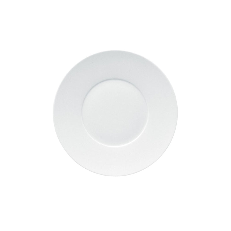 A white, round porcelain bread plate with a simple, elegant design.