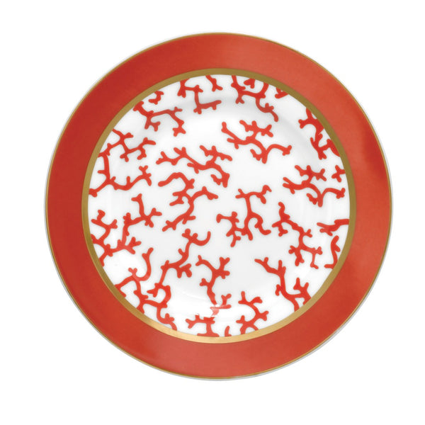 Luxury porcelain bread plate Cristobal Rouge red coral motif with gold border by Raynaud