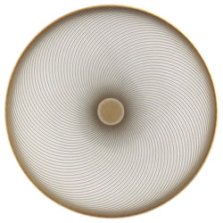 A top view of a round porcelain bread plate with a geometric pattern consisting of opposing curves in gold and intense black, with a beige center.