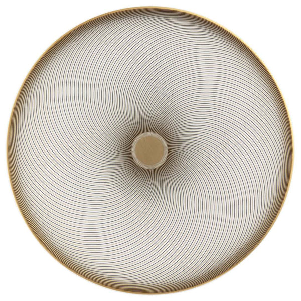A top view of a round porcelain bread plate with a geometric pattern consisting of opposing curves in gold and intense black, with a beige center.