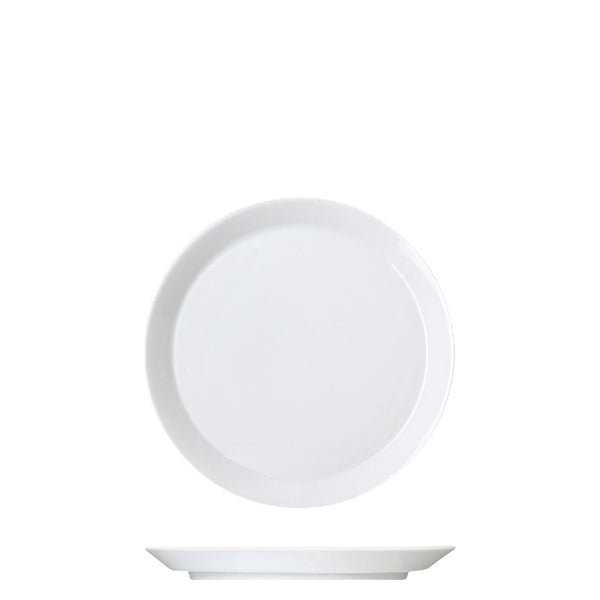 A white, round porcelain bread plate with a glazed finish, displayed on a white background.