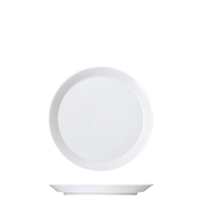 A white, round porcelain bread plate with a glazed finish, displayed on a white background.