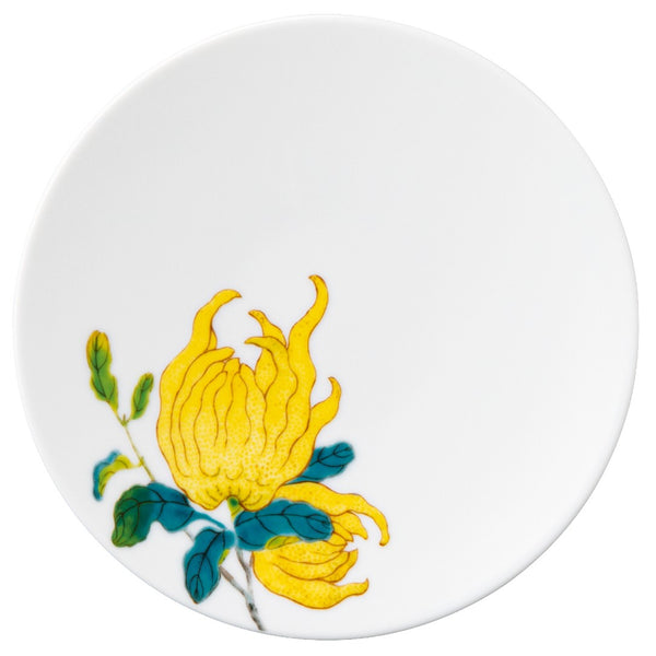 A white porcelain bread plate Harmonia with a floral pattern featuring yellow, blue, and green colors, and a central pomegranate design.