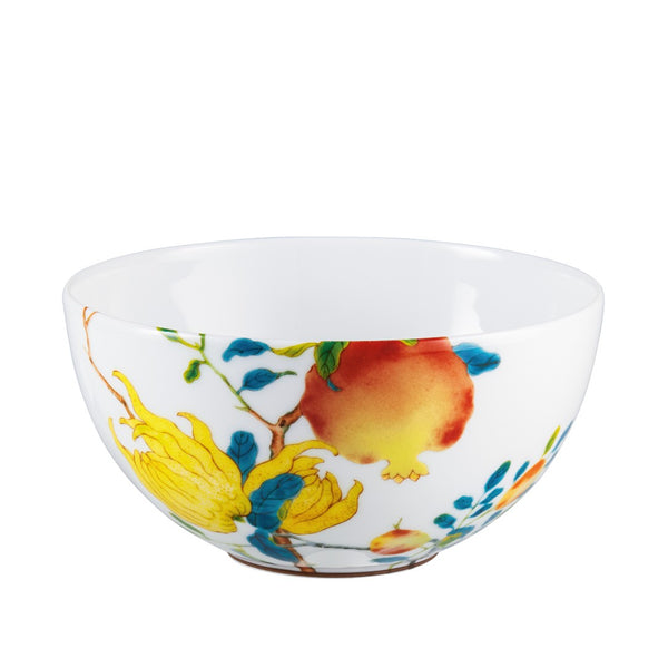A multicolored porcelain soup or cereal bowl Harmonia with a floral pattern, including shades of pink and yellow, and fruit motifs.