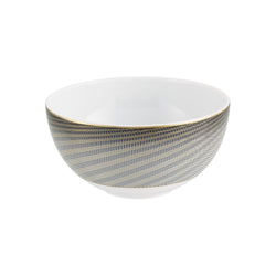 A white, gold, and brown geometric patterned porcelain bowl on a plain background.
