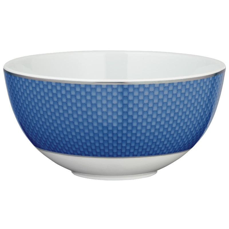 Raynaud Trésor Bleu Limoges porcelain breakfast bowl in cobalt blue with platinum honeycomb design