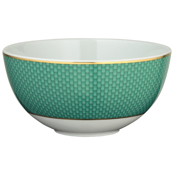 Raynaud Trésor turquoise porcelain breakfast bowl with gold-accented honeycomb design