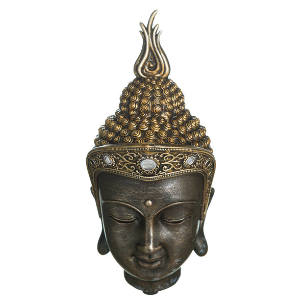 A Buddha head statue with gold and black color, featuring intricate details and a decorative crown on top.