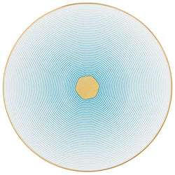 Cake Plate Aura by Raynaud in fine Limoges porcelain with golden rim and blue scalloped accents.