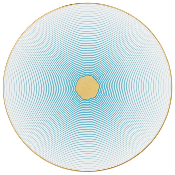 Cake Plate Aura by Raynaud in fine Limoges porcelain with golden rim and blue scalloped accents.