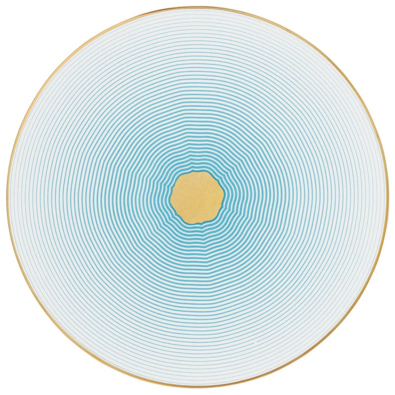 Cake Plate Aura by Raynaud in fine Limoges porcelain with golden rim and blue scalloped accents.