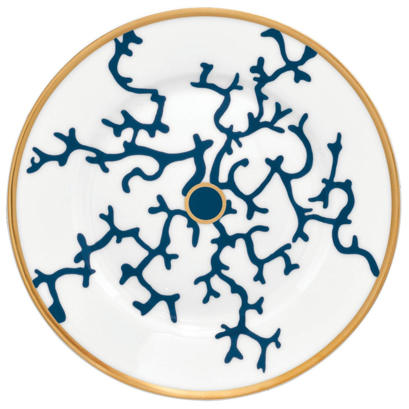Cake Plate Flat Rim No.1 Cristobal Marine porcelain by Raynaud with marine blue coral motifs and gold rim