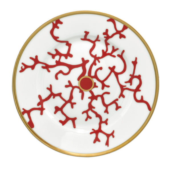 Luxury porcelain cake plate No.1 Cristobal Rouge red coral motif with gold rim by Raynaud