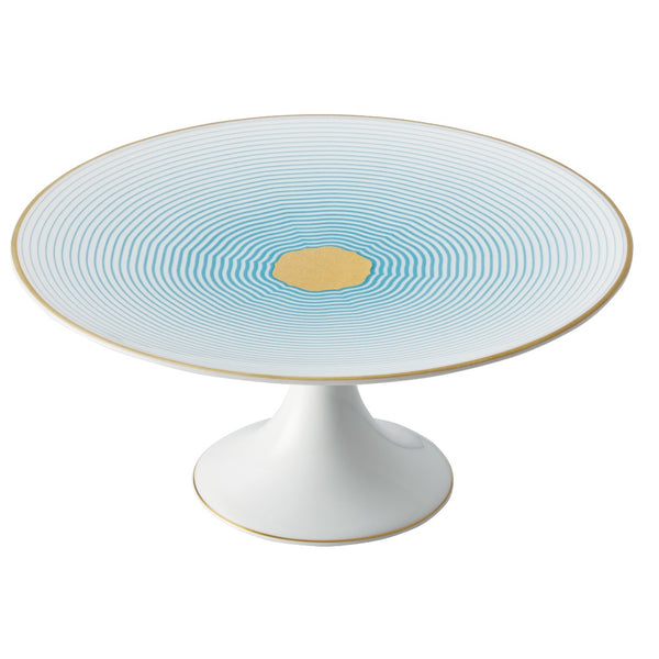 Cake Stand Petit Four 16cm Aura by Raynaud in fine Limoges porcelain with golden rim and blue scalloped design.