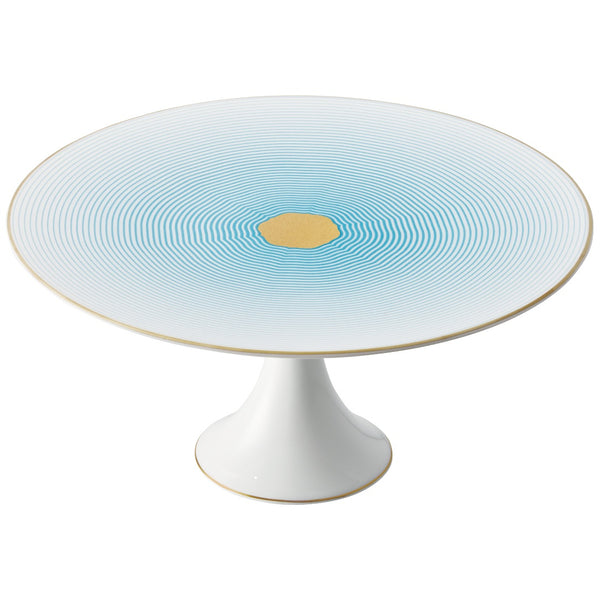 Cake Stand Petit Four 22cm Aura by Raynaud in fine Limoges porcelain with golden rim and blue scalloped accents.