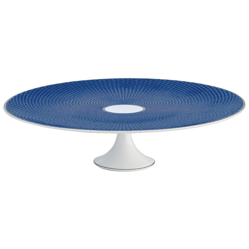 Raynaud Trésor Bleu Limoges porcelain cake stand petit four 27cm in cobalt blue with platinum honeycomb design