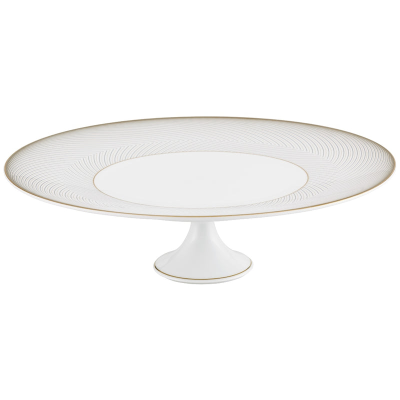 Large cake stand petit four in Limoges porcelain with black and gold Bauhaus-inspired geometric design from the Oskar collection by Raynaud.