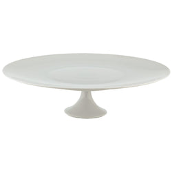 A white porcelain cake stand with a round top and a cylindrical pedestal base.