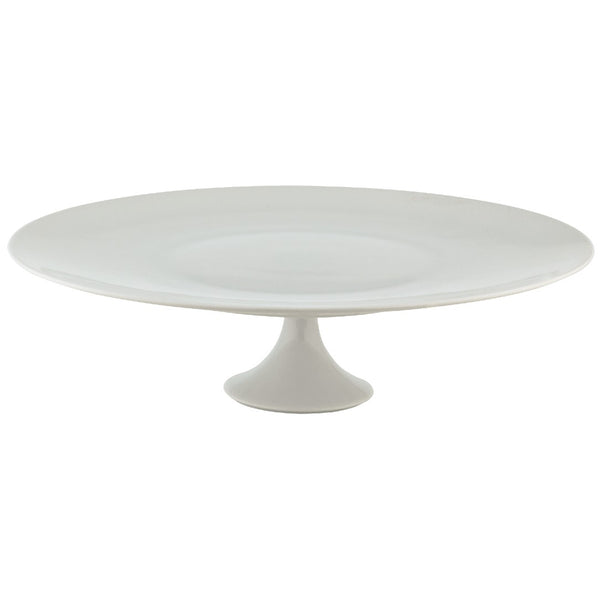 A white porcelain cake stand with a round top and a cylindrical pedestal base.