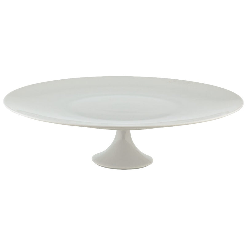 A white porcelain cake stand with a round top and a cylindrical pedestal base.