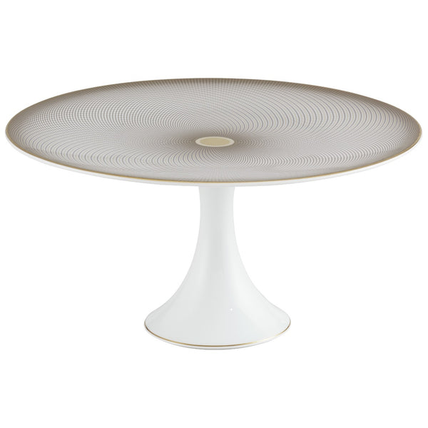 Medium cake stand petit four in Limoges porcelain with black and gold Bauhaus-inspired geometric design from the Oskar collection by Raynaud.